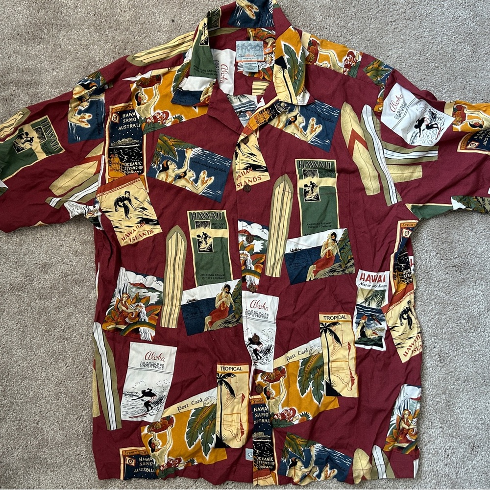 QuickSilver Aloha Camp Shirt Men's L Hawaiian Postcard Surfer Rayon Comfort fit